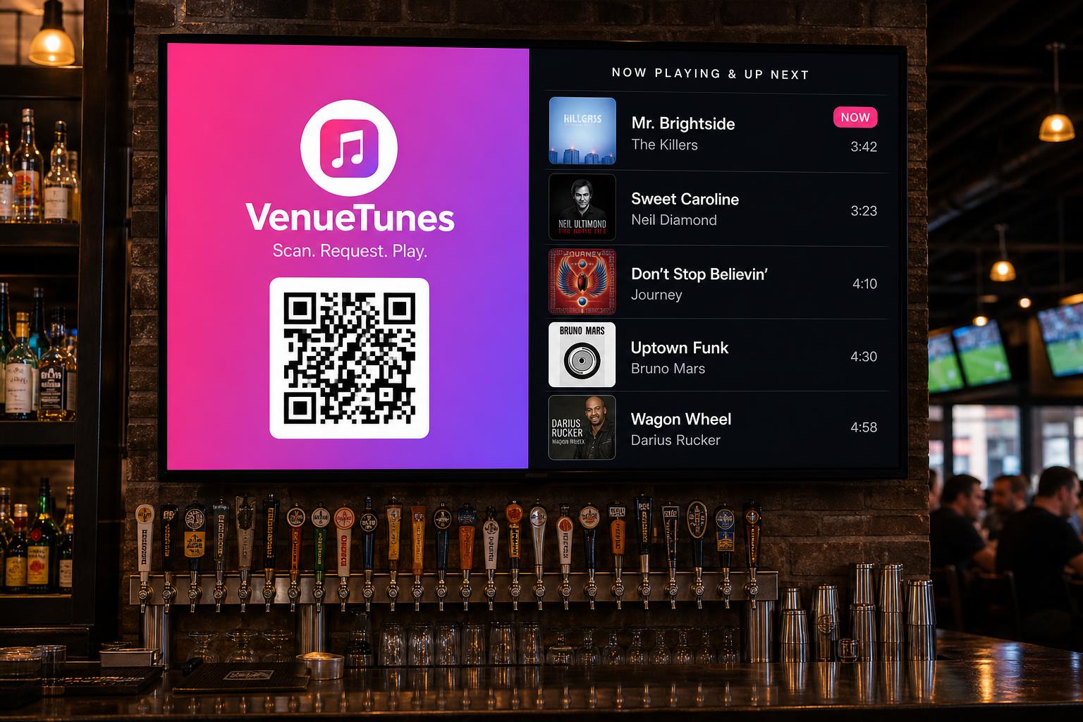 VenueTunes display on a TV above the bar showing Scan. Request. Play. with a QR code.