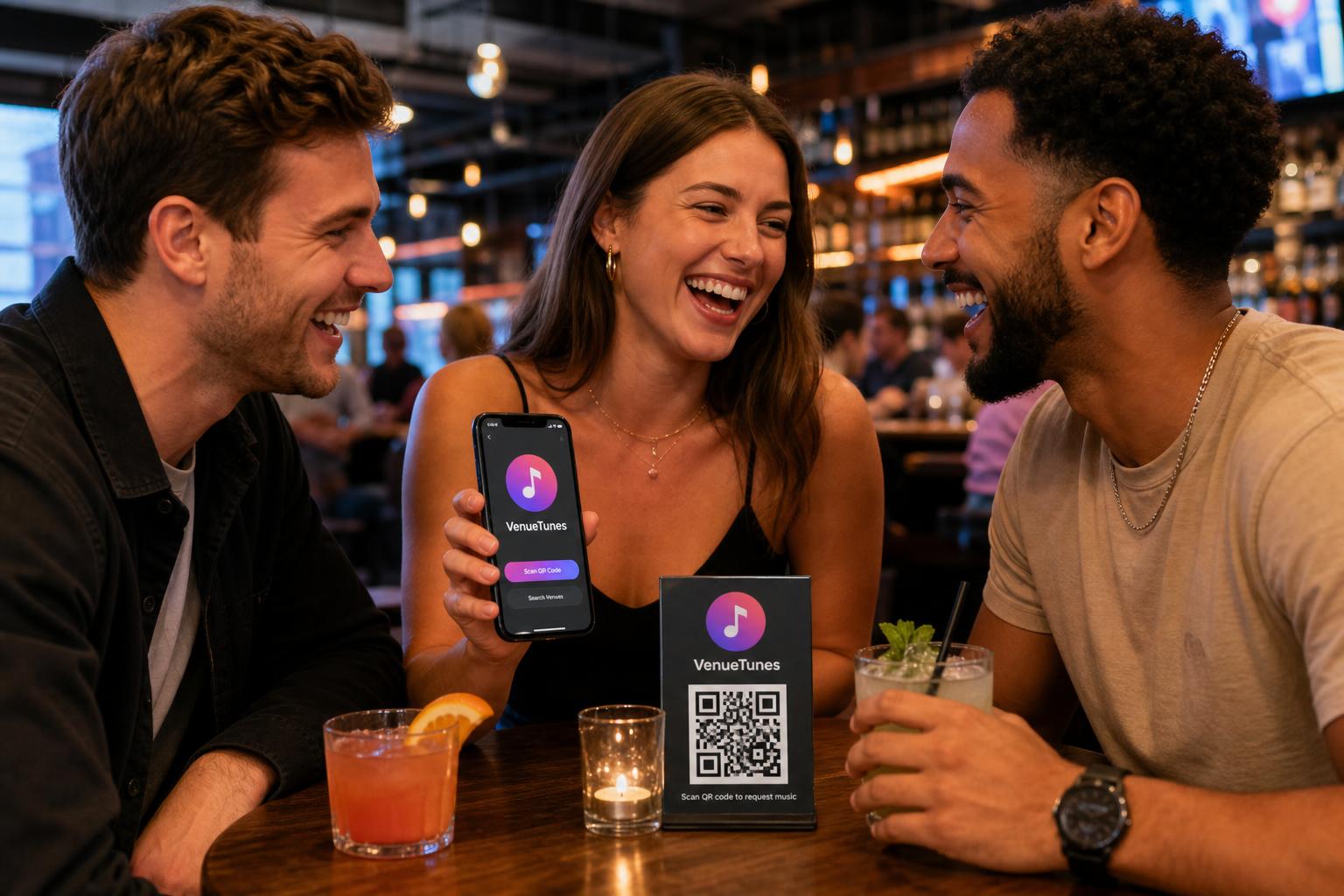 Friends laughing while requesting a song on the VenueTunes app.