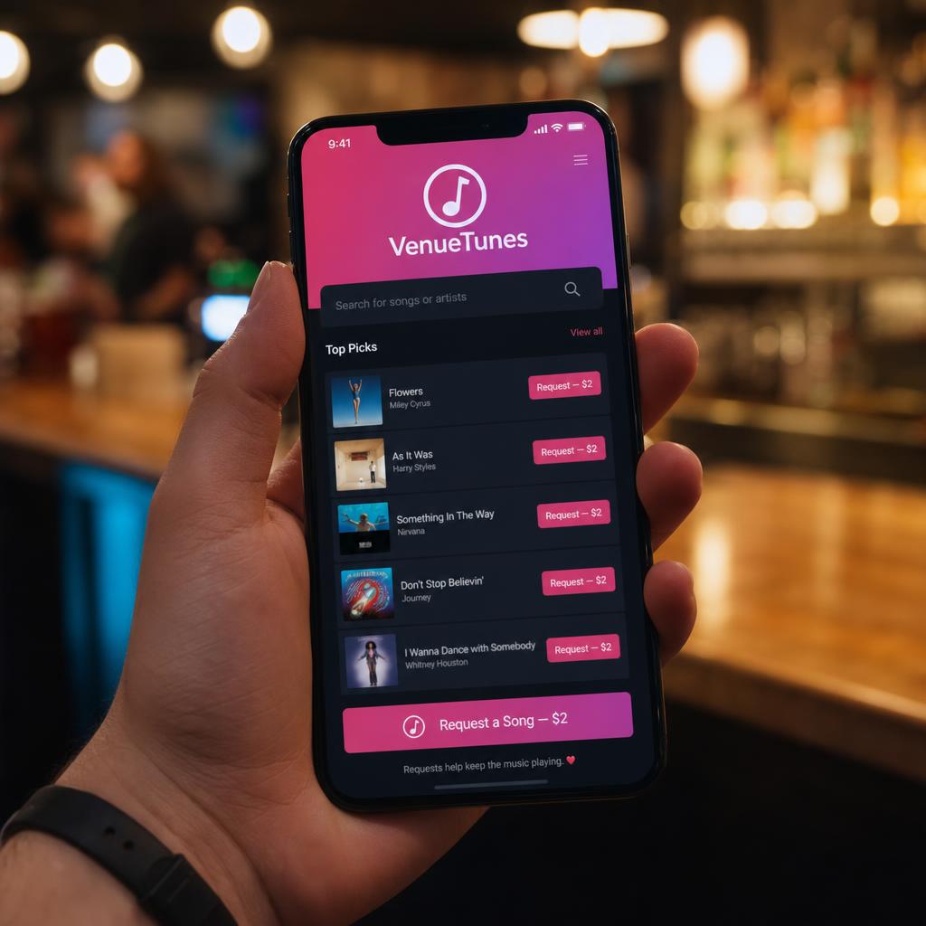 A hand holding a phone with the VenueTunes web app open inside an upscale bar.