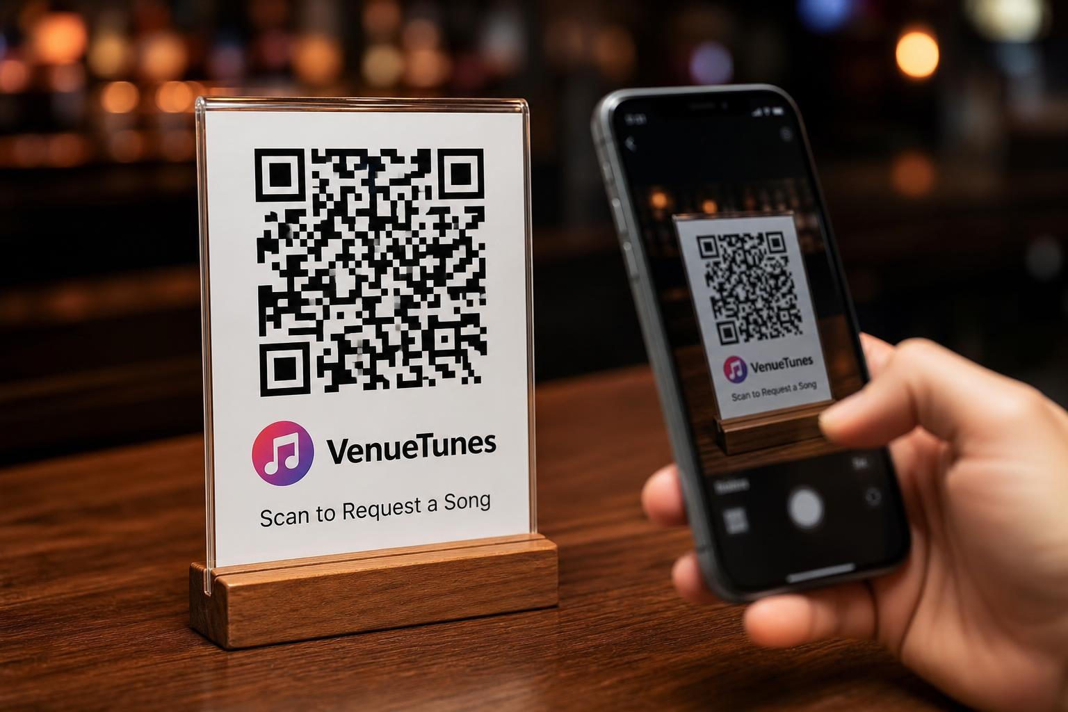 QR table tent being scanned at a bar high-top.